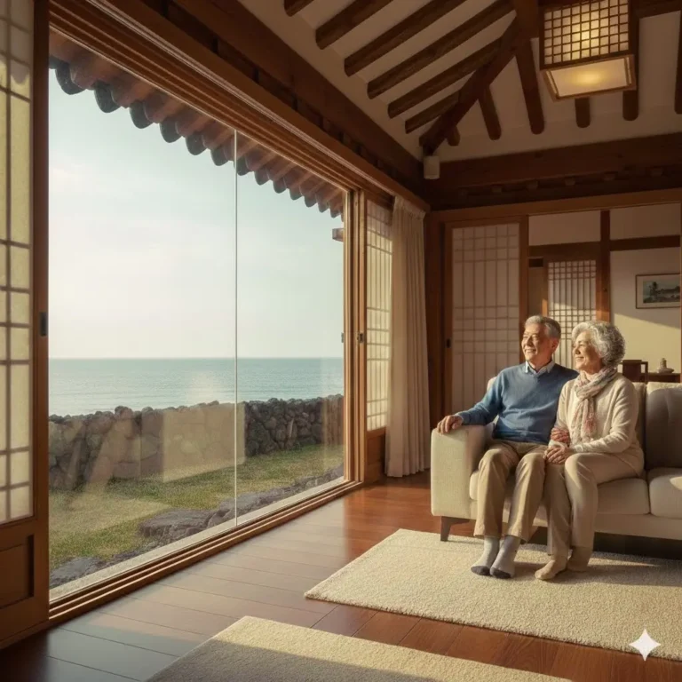 Pareja senior española disfrutando de la vista al mar desde una casa tradicional Hanok en la isla de Jeju.