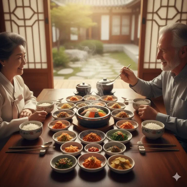 Una mesa tradicional coreana (Hanjeongsik) con numerosos platos pequeños y coloridos, dispuesta de forma elegante y acogedora para invitados de honor.