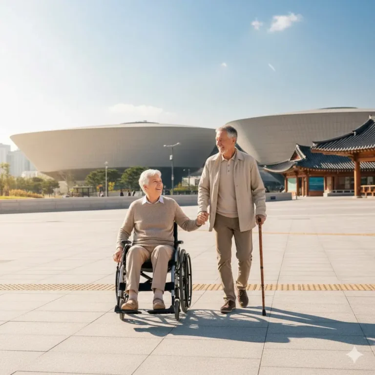 Una pareja de adultos mayores disfrutando de un paseo accesible en silla de ruedas y con bastón por una calle moderna de Seúl.