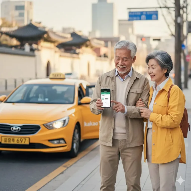 Una pareja de turistas mayores sonriendo mientras usan la aplicación Kakao T con un taxi amarillo de fondo en una calle de Seúl.