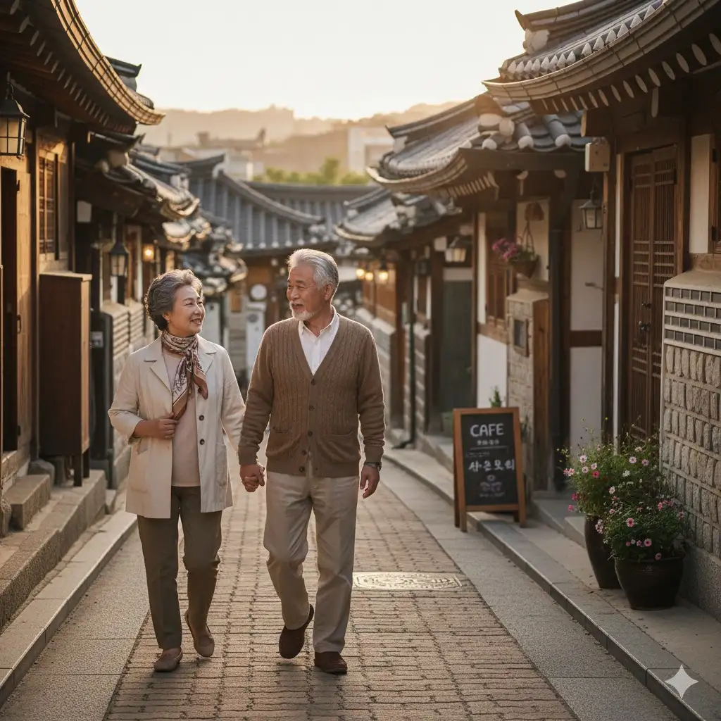 Una pareja senior caminando por las calles llanas de Seochon cerca del palacio Gyeongbokgung