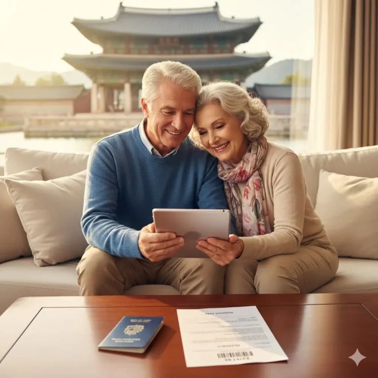 Pareja de adultos mayores españoles consultando la guía K-ETA para viajar a Corea del Sur.