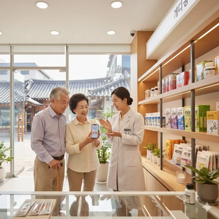 Una pareja de viajeros mayores consultando a una farmacéutica amable en Corea del Sur usando una aplicación de traducción en su teléfono móvil.