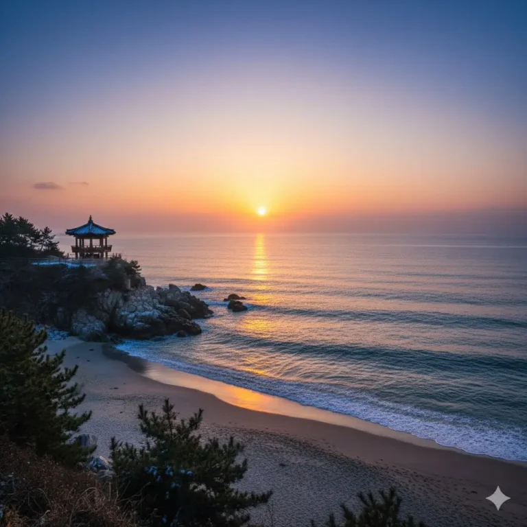 Amanecer sereno en la costa de Corea con un pabellón tradicional y el sol saliendo en el horizonte en invierno