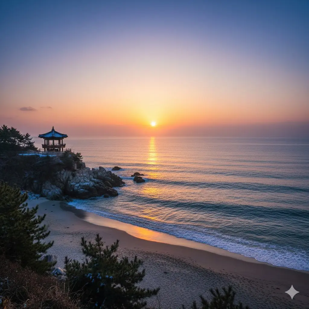 Amanecer sereno en la costa de Corea con un pabellón tradicional y el sol saliendo en el horizonte en invierno