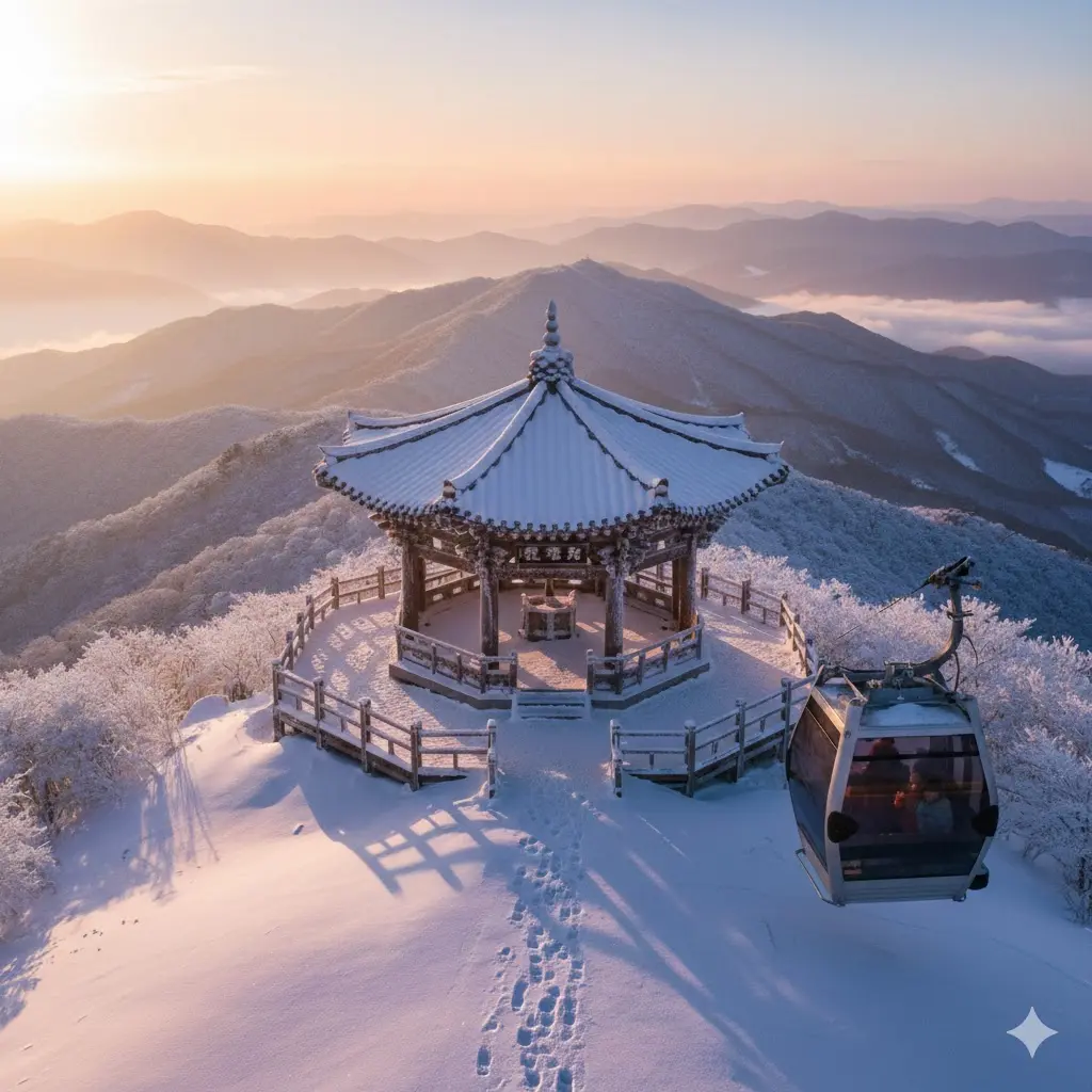Vista panorámica del pabellón Sangjeru restaurado y el teleférico en el monte Deogyusan bajo la nieve.