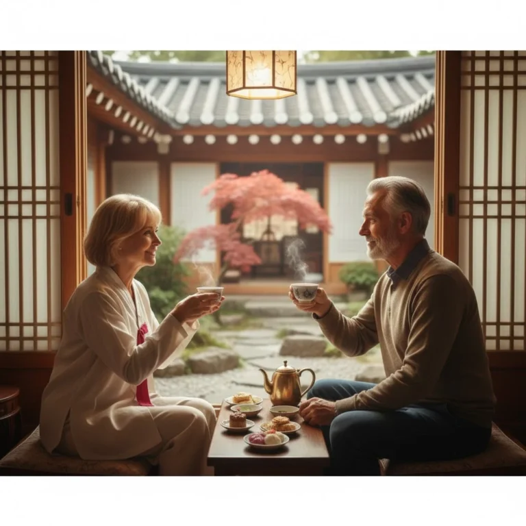 Una pareja senior europea disfrutando de té tradicional en un café acogedor de Seúl con vistas a casas Hanok.