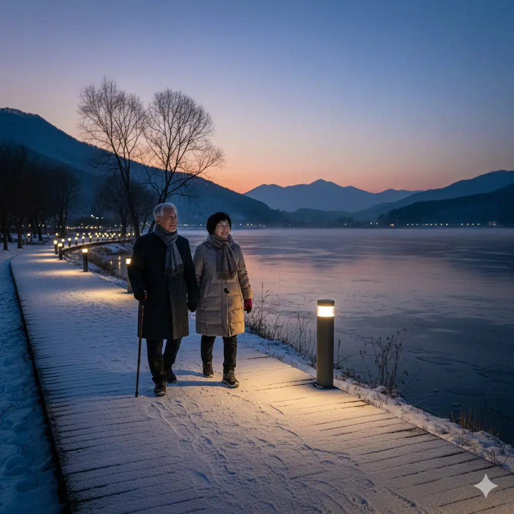 Pareja de personas mayores paseando por el sendero de madera del Parque del Lago Gomo en Pocheon bajo el atardecer de invierno.