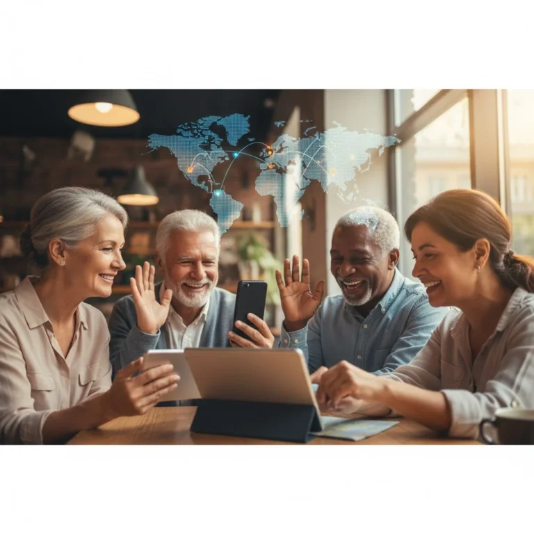 Personas mayores de diversas culturas conectadas mediante tecnología y amistad global en una red de apoyo