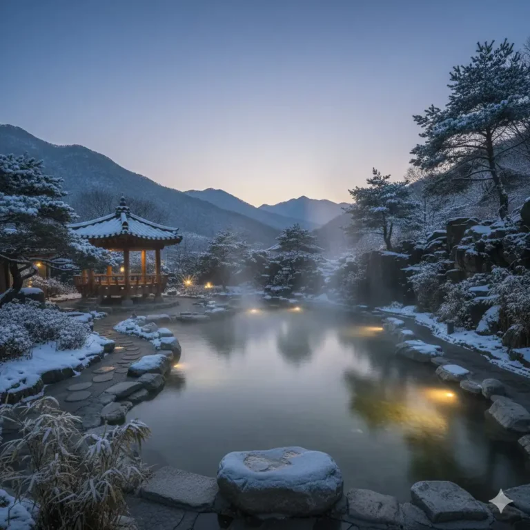 Paisaje de aguas termales al aire libre en Corea durante el invierno con arquitectura tradicional y vapor