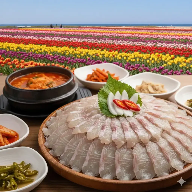 Vista panorámica del Festival de Tulipanes en Anmyeondo y una mesa de sashimi fresco de Dodari en el puerto de Bangpo.