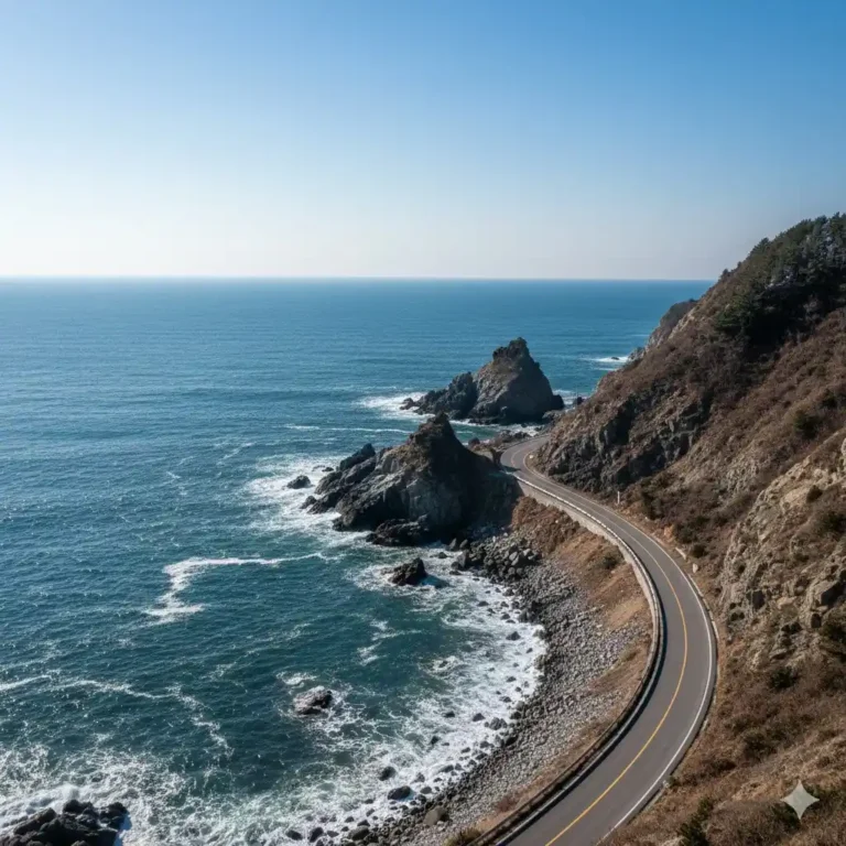 Vista de la carretera Heonhwa-ro junto al Mar del Este en Gangneung, Corea del Sur.