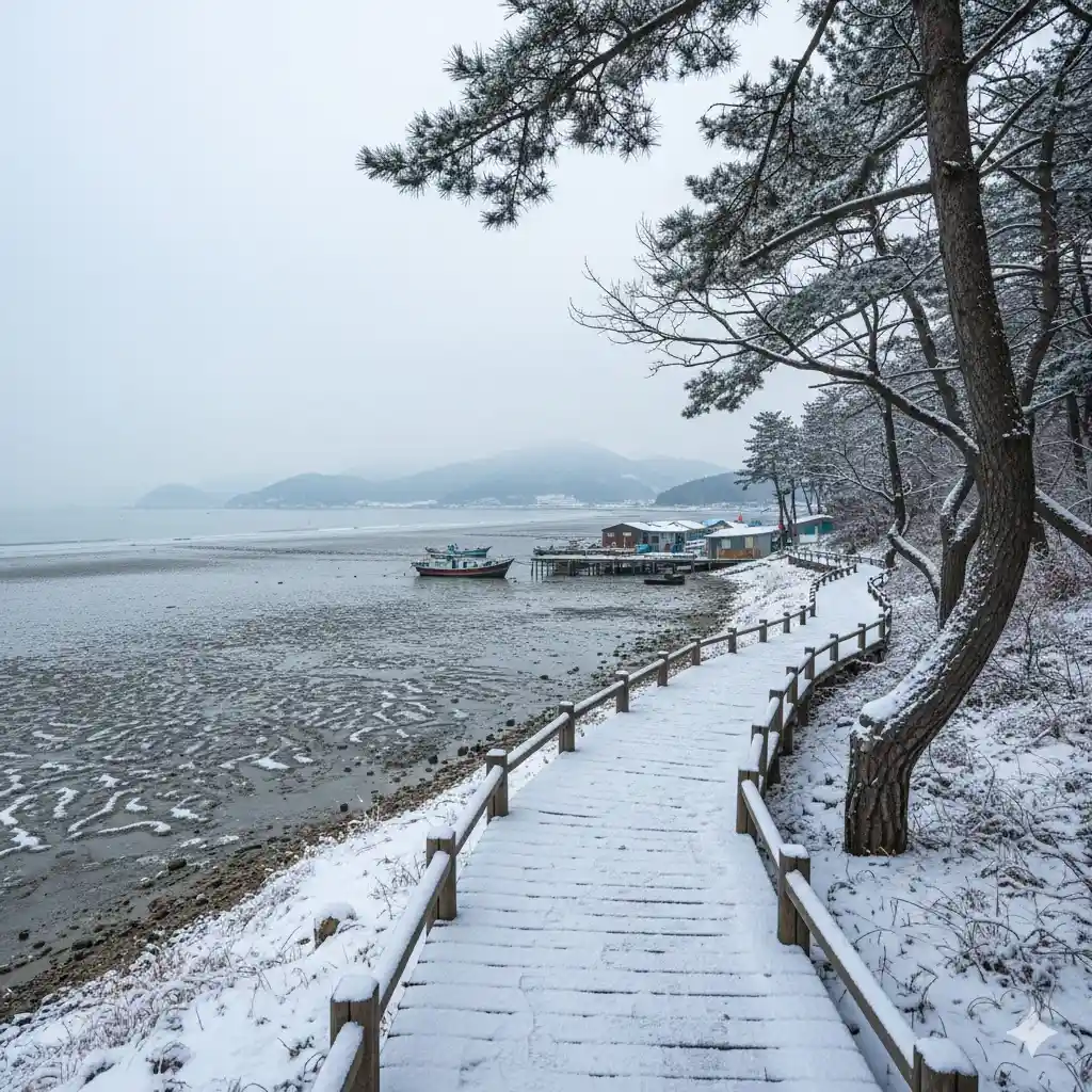 Sendero costero de Hwang sando en la isla de Ganghwa durante el invierno