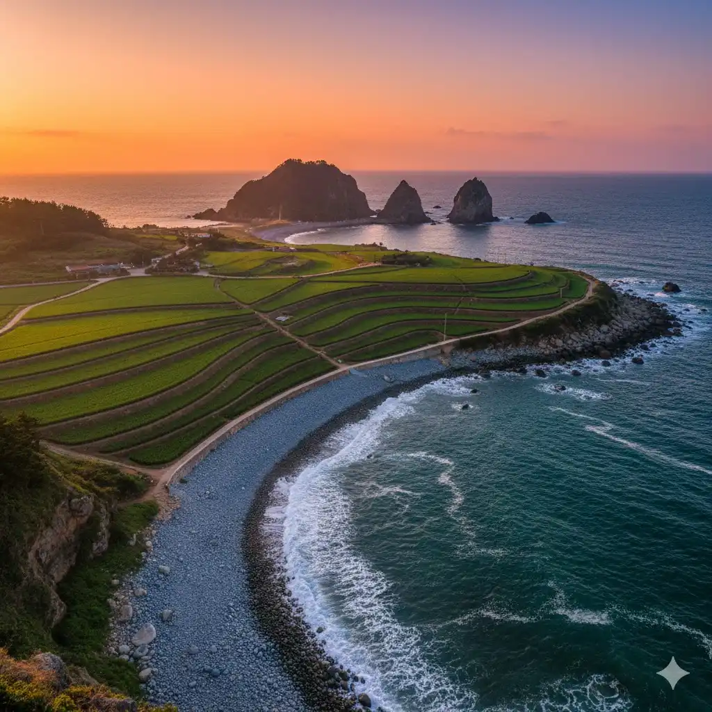 Paisaje de la Isla Ga-uido en Taean con campos de ajo y costa del Mar Amarillo al atardecer