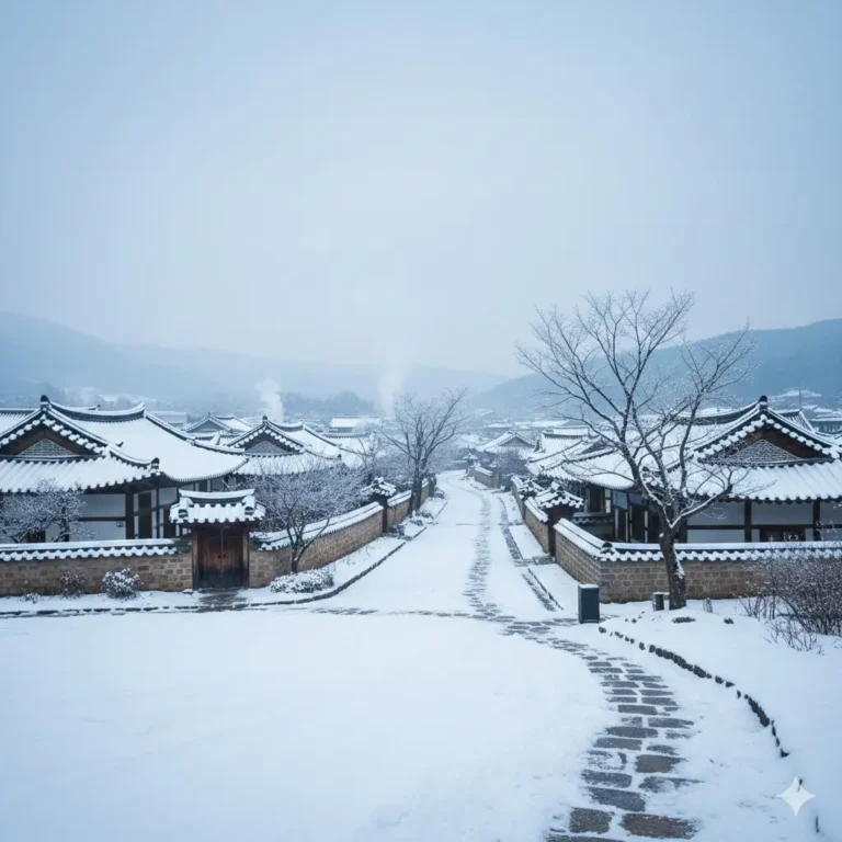 Paisaje nevado de casas tradicionales Hanok en Jeonju bajo un cielo invernal