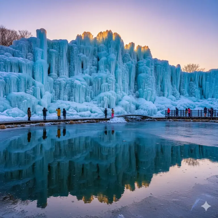 El impresionante muro de hielo de 20 metros en Cheongdo Grace Garden, Corea del Sur, durante el invierno.