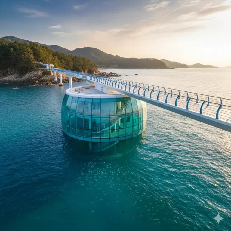 Vista exterior del observatorio submarino y el puente del Museo Nacional de Ciencia Oceánica en Uljin bajo un cielo despejado.