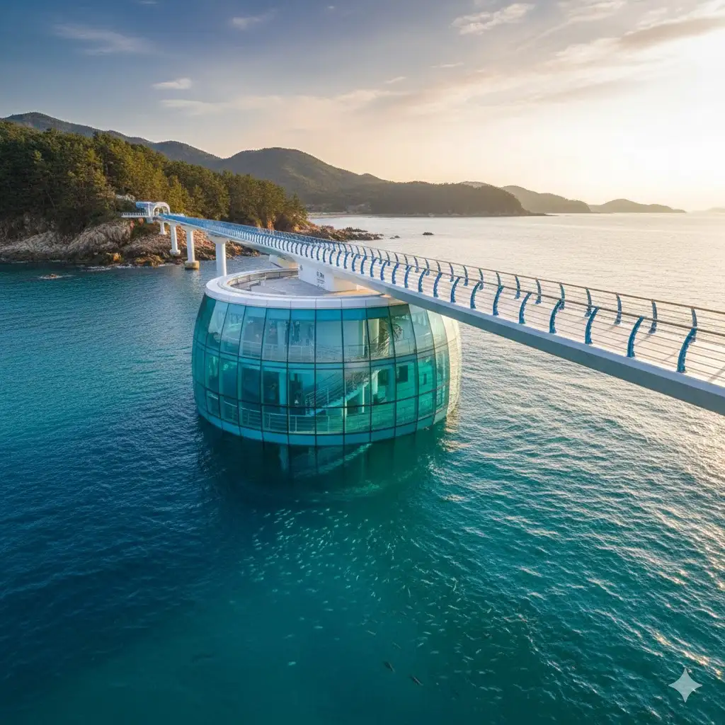 Vista exterior del observatorio submarino y el puente del Museo Nacional de Ciencia Oceánica en Uljin bajo un cielo despejado.