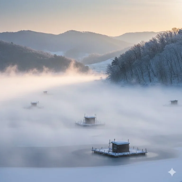 Paisaje nevado místico del lago Gosam en Corea con niebla matutina y casas de pesca flotantes.
