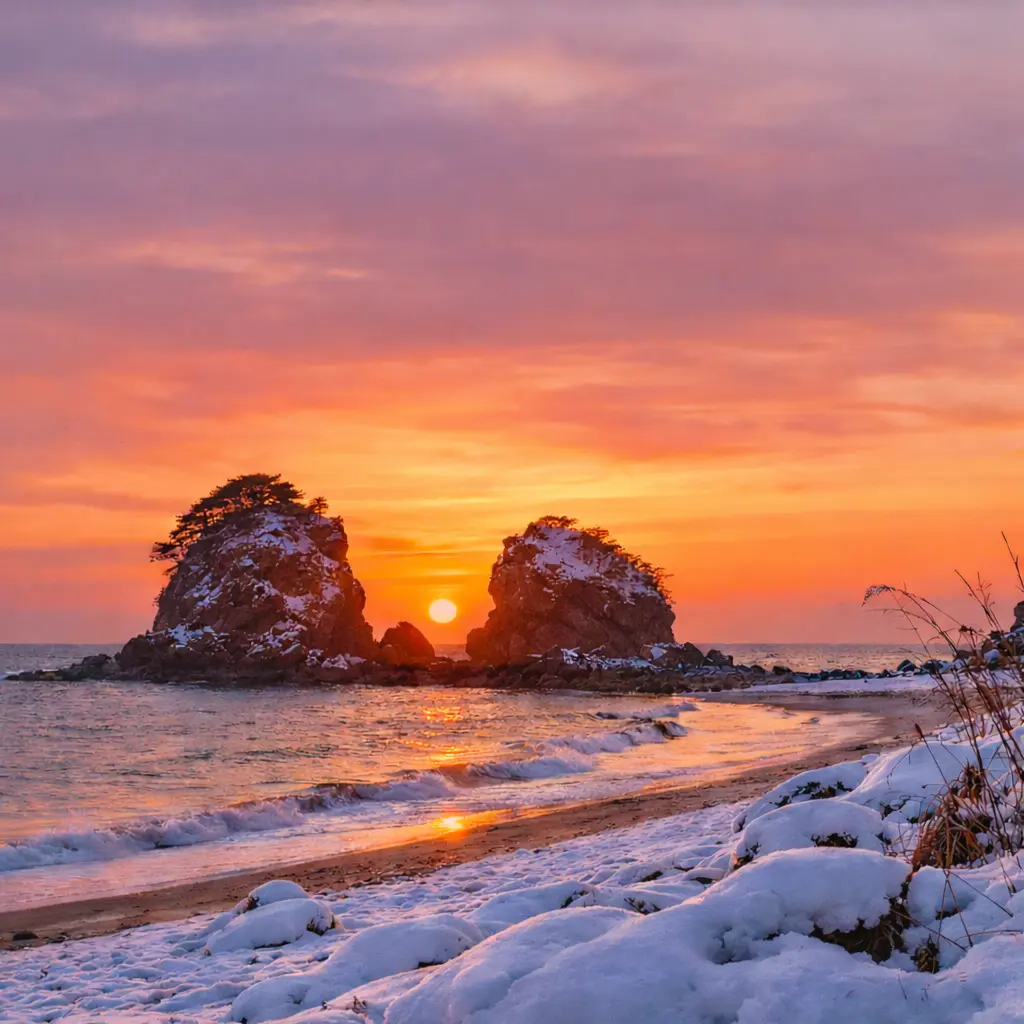 Playa Kkotji en Anmyeondo, Corea del Sur, con puesta de sol de invierno entre las rocas Halmi y Harabi.
