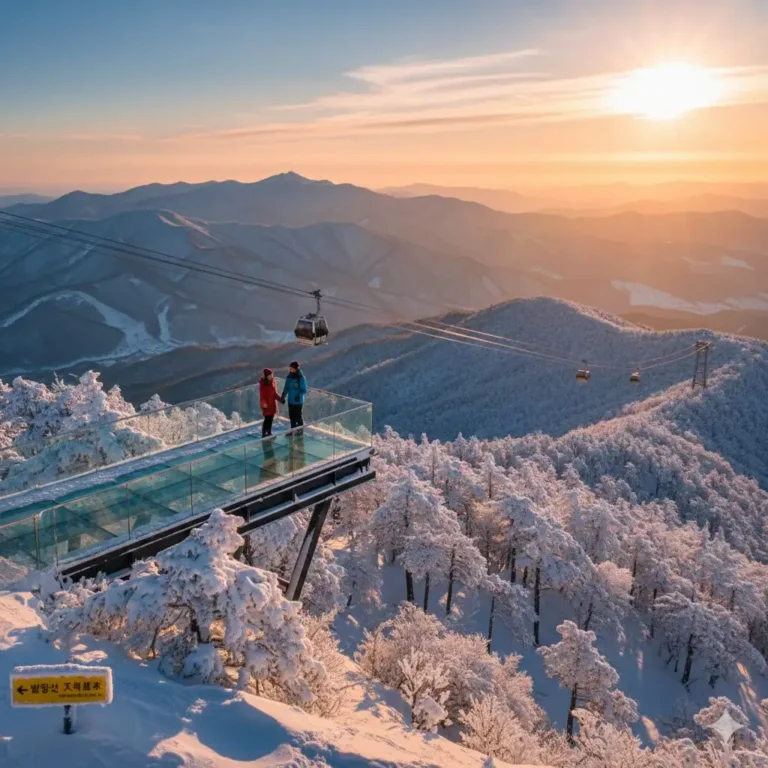 Vista panorámica del Ki Skywalk en Pyeongchang Balwangsan cubierto de nieve blanca y flores de escarcha bajo el atardecer.
