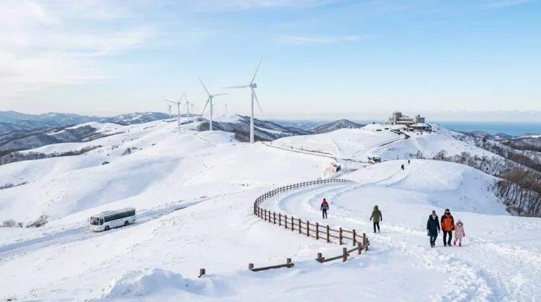 Paisaje nevado de Samyang Roundhill Pyeongchang con el White Shuttle y turbinas eólicas en invierno