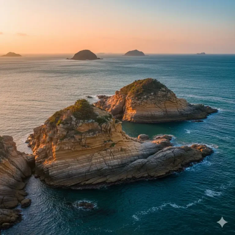 Vista de las formaciones rocosas de Sinseondae en Geoje, Corea del Sur, durante el atardecer