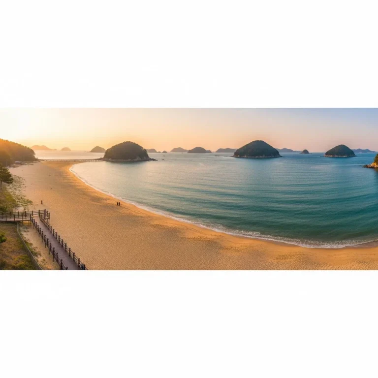 Playa Myeongsasimni en la isla Seonyudo de Gunsan con el archipiélago de Gogunsan al fondo bajo un atardecer dorado.