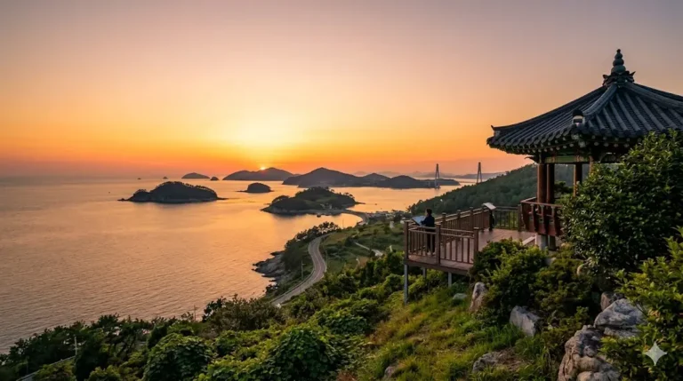 Vista espectacular del atardecer en el observatorio Sebang Nakjo en la isla de Jindo, Corea del Sur, con un pabellón tradicional coreano.
