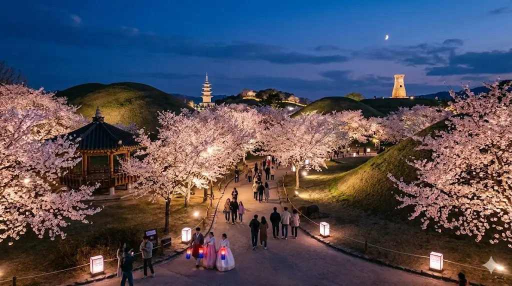 Cerezos en flor iluminados en el Parque Daereungwon de Gyeongju durante el festival nocturno 2026