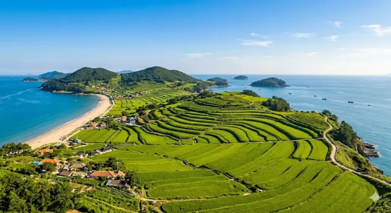Paisaje de la Isla Cheongsando con arrozales Gudeuljang y el mar azul