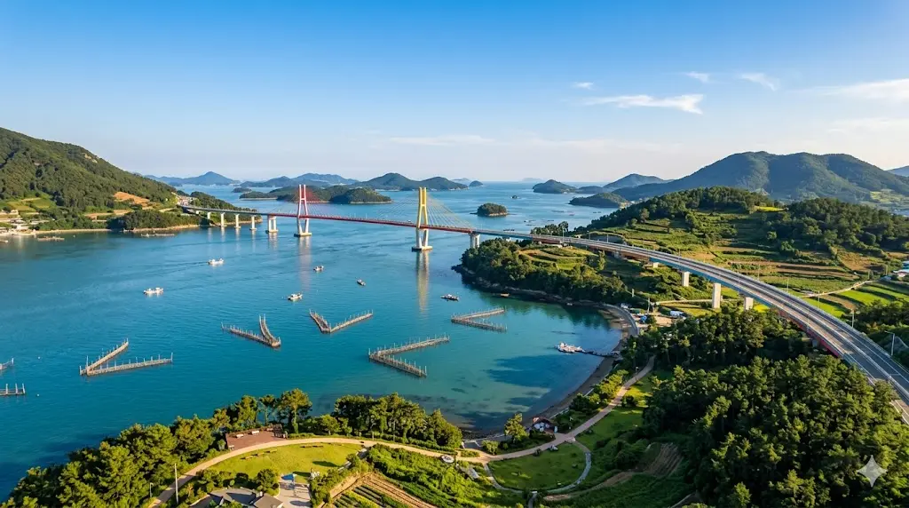 Vista del Puente Changseon-Samcheonpo y Jukbangryeon en la Isla Changseondo