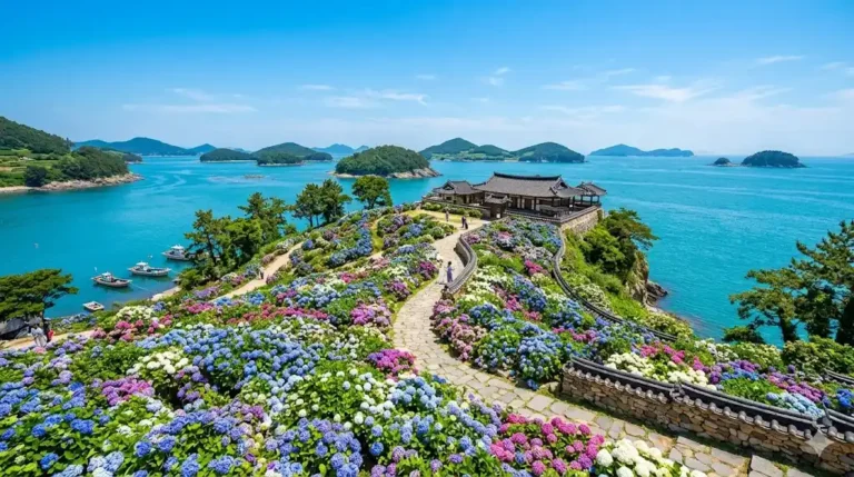 Vista del Jardin de Hortensias y set de pelicula Jasaneobo en la Isla Dochodo