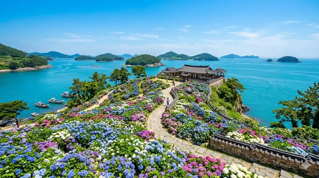 Vista del Jardin de Hortensias y set de pelicula Jasaneobo en la Isla Dochodo