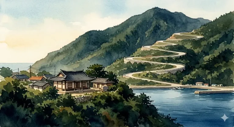 Representación artística de la Isla Heuksando con la carretera de las 12 curvas y una casa tradicional coreana Hanok, simbolizando el Jasaneobo de Jeong Yak-jeon.