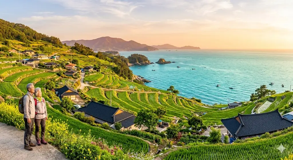 Vista panorámica de las terrazas de arroz en la Aldea Daraengi durante un viaje a Namhaedo, Corea del Sur.