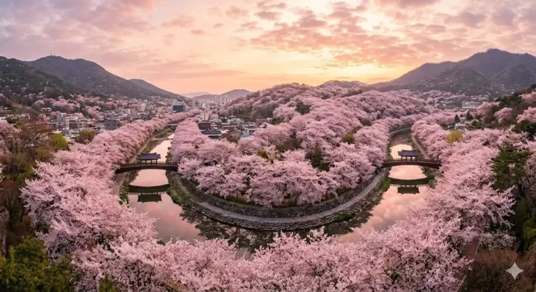 Vista panorámica del amanecer en el Arroyo Yeojwa durante el Jinhae Gunhangje 2026, Corea del Sur.