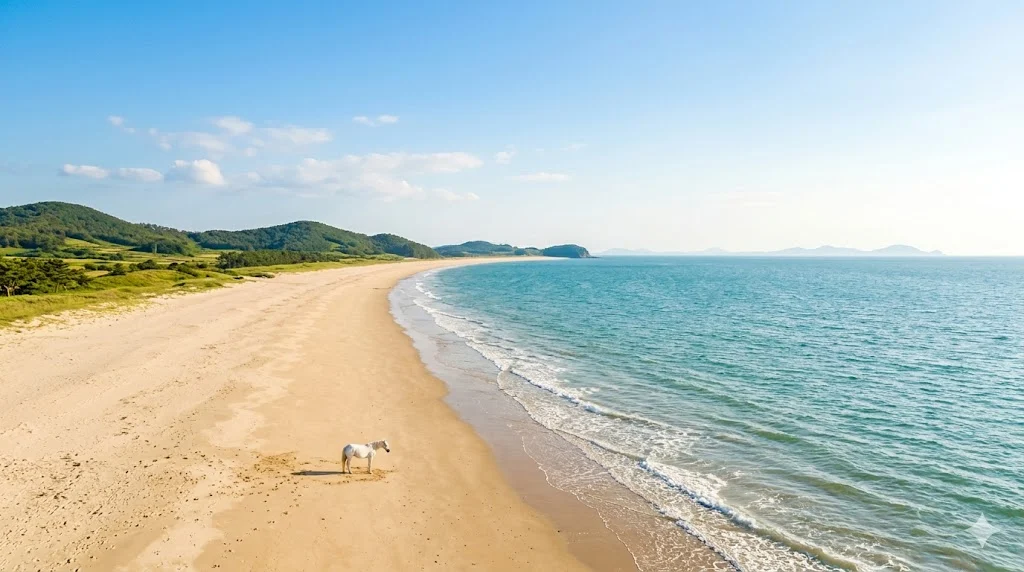 Vista aérea de la inmensa Playa Daegwang en la Isla Imjado, Corea del Sur, con arena blanca y mar azul bajo un cielo despejado.