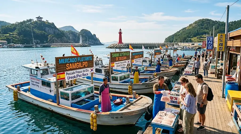 Vista del Mercado Flotante de Samgilpo y el faro rojo en Seosan, Corea, con pescadores e turistas extranjeros