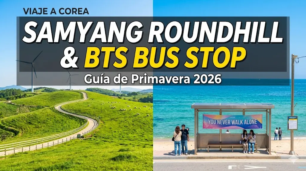 Paisaje de primavera en Samyang Roundhill Pyeongchang y la Parada de Autobús de BTS en la Playa Hyangho, Corea del Sur.