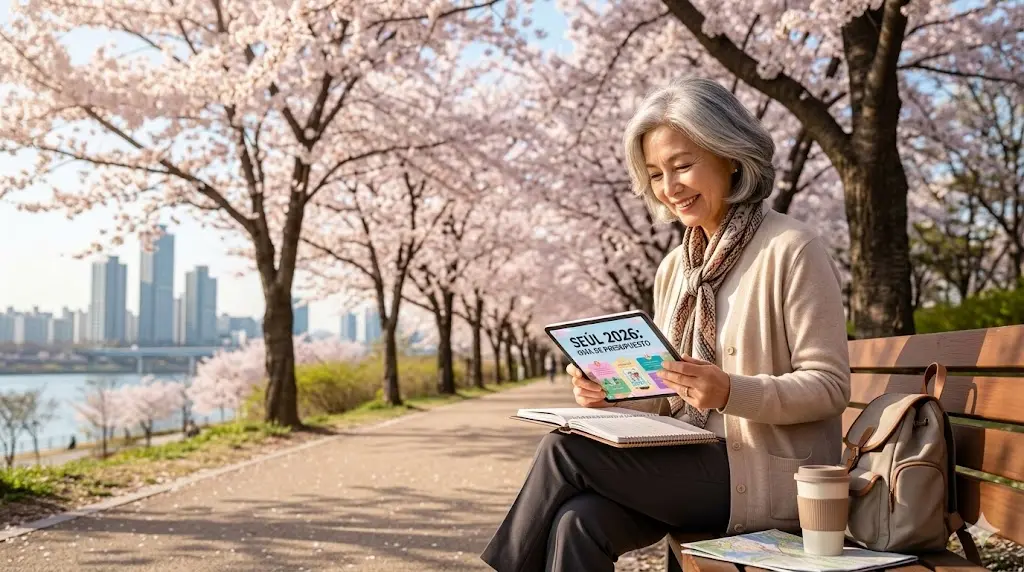 Una viajera mayor sonriente planificando su presupuesto para viajar a Seúl 2026 en primavera, con cerezos en flor en el Parque Yeouido al fondo.