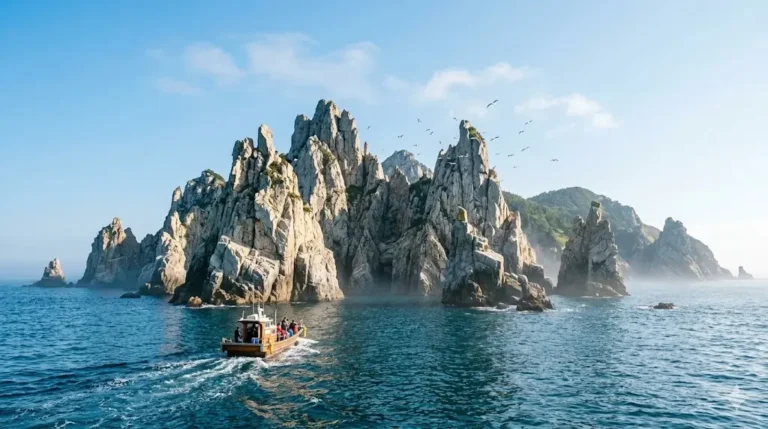 Vista panorámica de las formaciones rocosas de la Isla Baekdo desde un ferry durante un viaje a la Isla Geomundo en Corea del Sur.