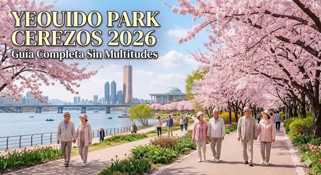 Vista panorámica de los cerezos en flor en el Parque Yeouido Seúl 2026 sin multitudes con el edificio 63 al fondo.