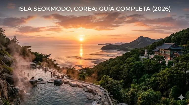 Vista panorámica de las termales minerales y el templo Bomunsa durante la puesta de sol en la isla Seokmodo, Corea.
