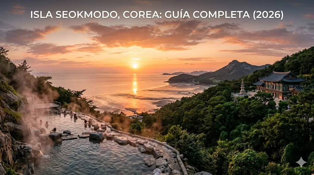 Vista panorámica de las termales minerales y el templo Bomunsa durante la puesta de sol en la isla Seokmodo, Corea.