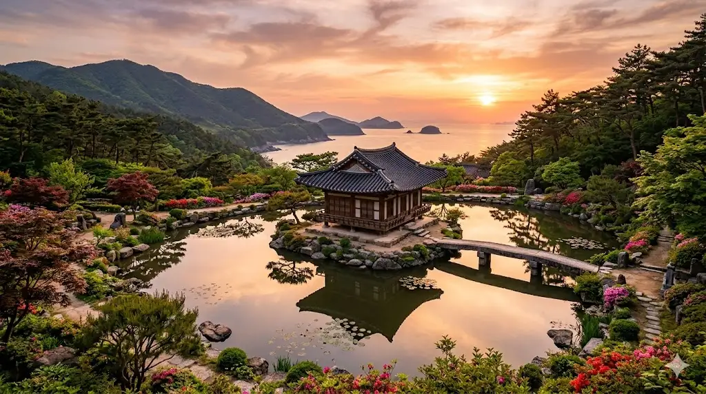 Vista panorámica del jardín tradicional Seyeonjeong durante el atardecer en la excursión a la isla Bogildo, Corea.