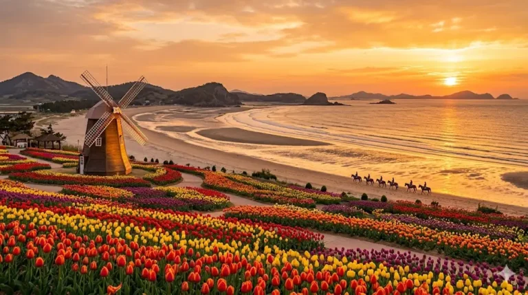 Vista panorámica de la playa Daegwang y el festival de tulipanes durante el atardecer en la isla Imjado, Corea.