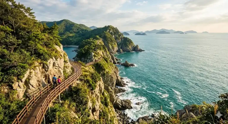 Senderos de madera del Bireong-gil en los acantilados de la Isla Geumodo, Yeosu, con vistas al mar azul y montañas verdes.