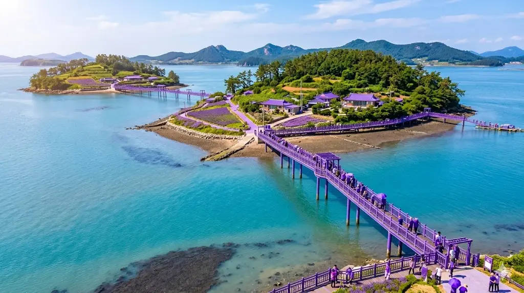 Vista aérea dinámica del Puente Purple y la costa de Anjwado, el epicentro de las Purple Islands, ideal para un viaje a Anjwado inolvidable cerca de Mokpo.