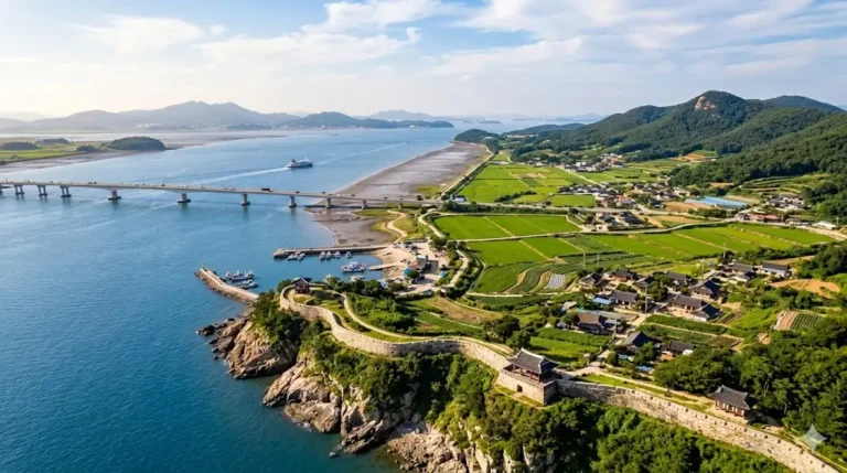 Vista aérea del Puente de Ganghwa y la costa del Mar del Oeste, ideal para un viaje a Ganghwado desde Seúl.